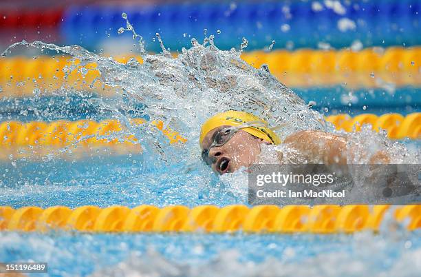 Jacqueline Freney of Australia competes in the Women's 100m Freestyle - S7 final on day five of the London 2012 Paralympic Games at the Aquatics...