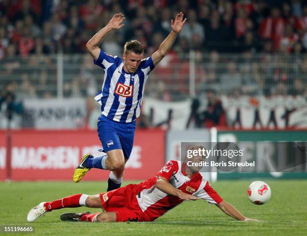 Maik Franz of Hertha battles for the ball with Adam Nemec of Union during the Second Bundesliga match between 1.FC Union Berlin and Hertha BSC Berlin...