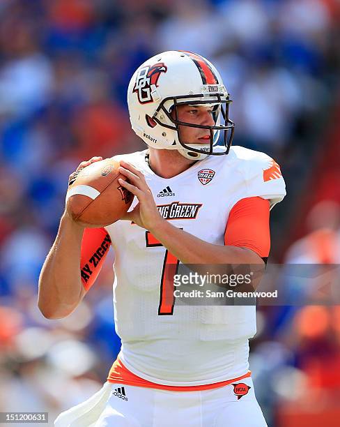 Matt Schilz of the Bowling Green Falcons attempts a pass during the game against the Florida Gators at Ben Hill Griffin Stadium on September 1, 2012...