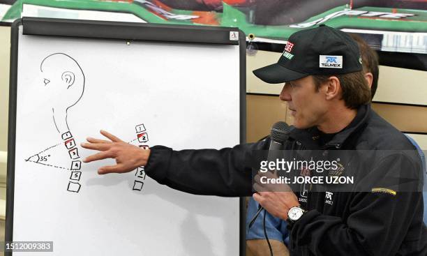 Adrian Fernandez, mexican car pilot, explains a drawing of his spinal cord and the reasons why he won't be able to participate in the competition of...