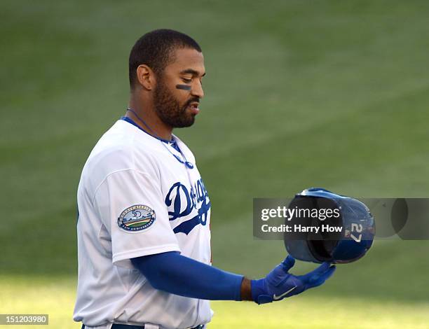 Matt Kemp of the Los Angeles Dodgers reacts after his flyout during the first inning at Dodger Stadium on September 3, 2012 in Los Angeles,...