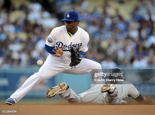 Hanley Ramirez of the Los Angeles Dodgers takes a throw to second base as Everth Cabrera of the San Diego Padres steals the base during the third...