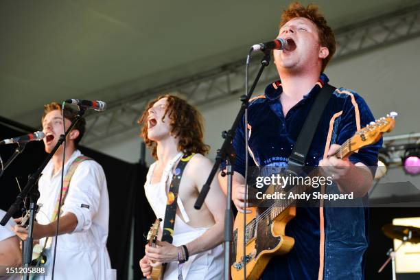 Ben Brown of the band Dingus Khan performs on stage during Reading Festival 2012 at Richfield Avenue on August 26, 2012 in Reading, United Kingdom.