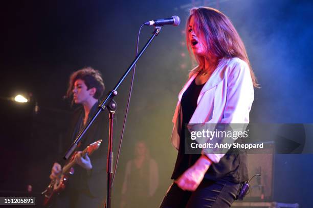 Hannah Thurlow and Colette Thurlow of the band 2:54 perform on stage during Reading Festival 2012 at Richfield Avenue on August 26, 2012 in Reading,...