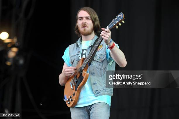 Tom Hudson of the band Pulled Apart By Horses performs on stage during Reading Festival 2012 at Richfield Avenue on August 26, 2012 in Reading,...