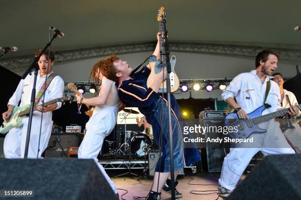 Ben Brown of the band Dingus Khan performs on stage during Reading Festival 2012 at Richfield Avenue on August 26, 2012 in Reading, United Kingdom.