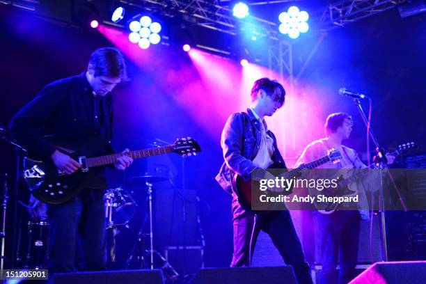 Elias Ronnenfelt of the band Iceage performs on stage during Reading Festival 2012 at Richfield Avenue on August 26, 2012 in Reading, United Kingdom.