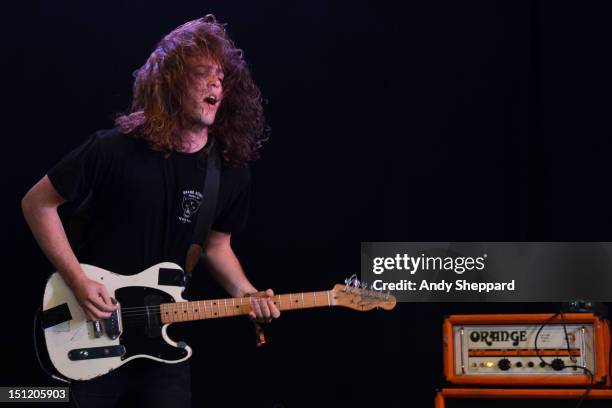 Shane Parsons of the band DZ Deathrays performs on stage during Reading Festival 2012 at Richfield Avenue on August 26, 2012 in Reading, United...