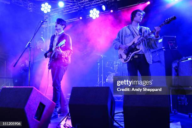 Elias Ronnenfelt of the band Iceage performs on stage during Reading Festival 2012 at Richfield Avenue on August 26, 2012 in Reading, United Kingdom.