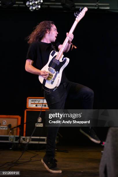 Shane Parsons of the band DZ Deathrays performs on stage during Reading Festival 2012 at Richfield Avenue on August 26, 2012 in Reading, United...