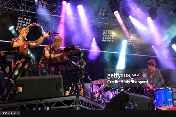 Jimmy Dixon, Tommy Grace, David Maclean and Vincent Neff of the band Django Django perform on stage during Reading Festival 2012 at Richfield Avenue...
