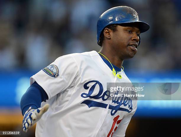Hanley Ramirez of the Los Angeles Dodgers reacts to his homerun to tie the score 2-2 during the sixth innig at Dodger Stadium on September 3, 2012 in...