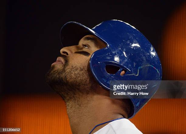 Matt Kemp of the Los Angeles Dodgers reacts after his groundout against the San Diego Padres to end the eighth inning at Dodger Stadium on September...