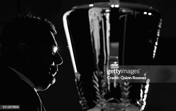 Chief Executive Officer Andrew Demetriou speaks to the media during the AFL Premiership Cup handover at the Melbourne Cricket Ground on September 4,...