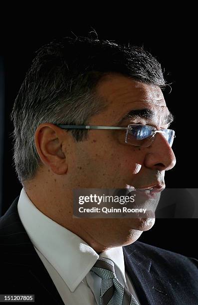 Chief Executive Officer Andrew Demetriou speaks to the media during the AFL Premiership Cup handover at the Melbourne Cricket Ground on September 4,...