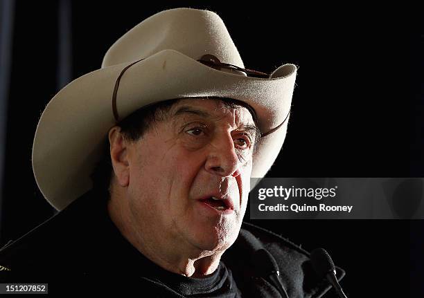 Molly Meldrum speaks to the media during the AFL Premiership Cup handover at the Melbourne Cricket Ground on September 4, 2012 in Melbourne,...