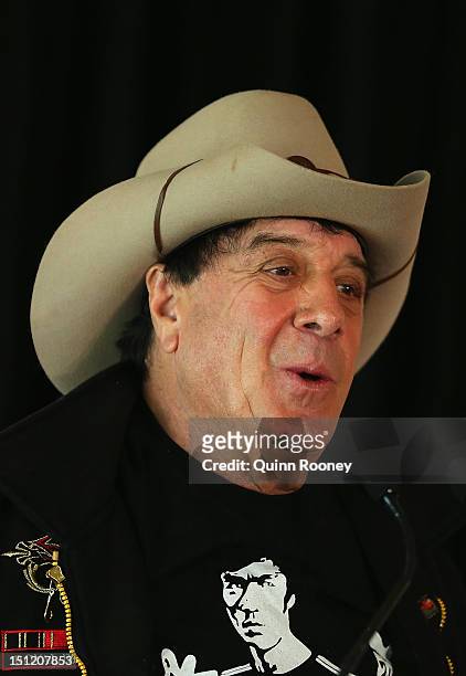 Molly Meldrum speaks to the media during the AFL Premiership Cup handover at the Melbourne Cricket Ground on September 4, 2012 in Melbourne,...