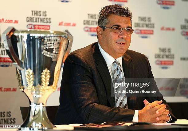 Chief Executive Officer Andrew Demetriou speaks to the media during the AFL Premiership Cup handover at the Melbourne Cricket Ground on September 4,...