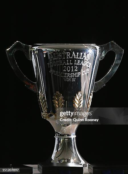 The Premiership Cup is on display during the AFL Premiership Cup handover at the Melbourne Cricket Ground on September 4, 2012 in Melbourne,...