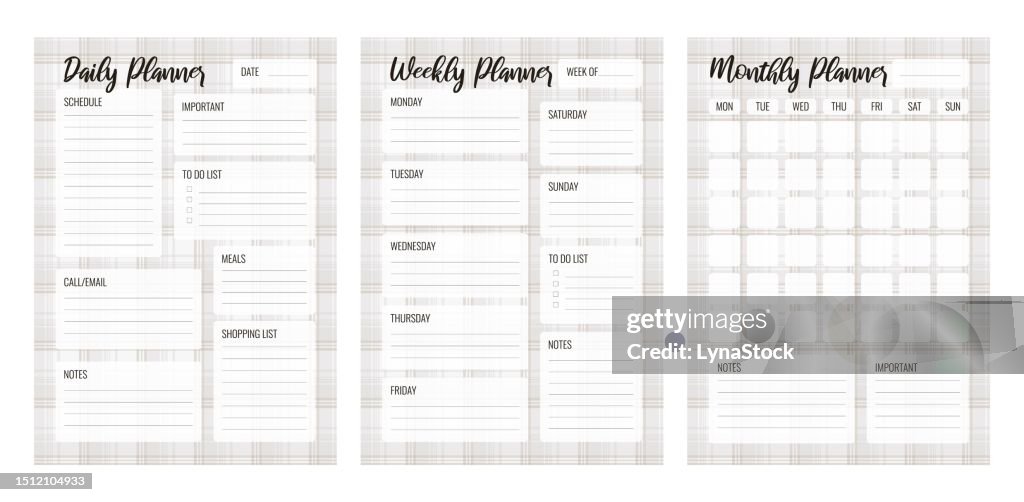 Blank Schedule Planner 3 Column 4 Line Set Of Daily Weekly Monthly Planner Printable Vector Template Blank ...