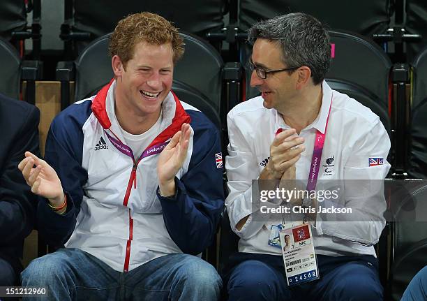 Prince Harry and British Paralympic Association chief executive Tim Hollingsworth attend the Goalball on day 6 of the London 2012 Paralympic Games at...