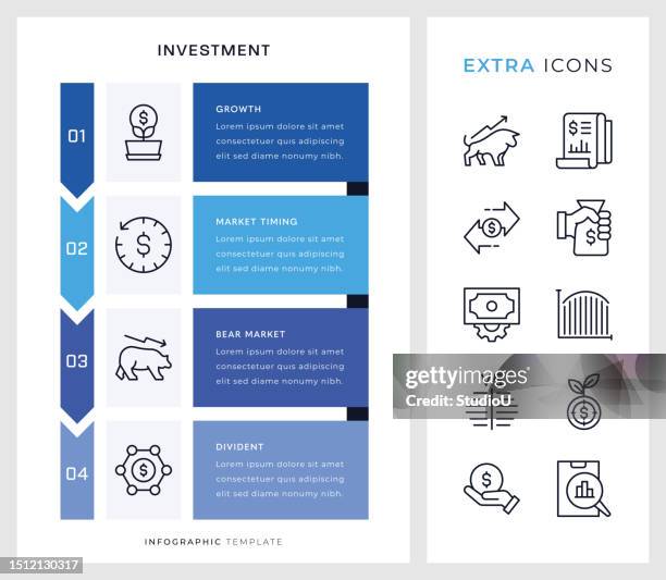 investitions-infografik-vorlage und liniensymbole. - jahresbericht stock-grafiken, -clipart, -cartoons und -symbole