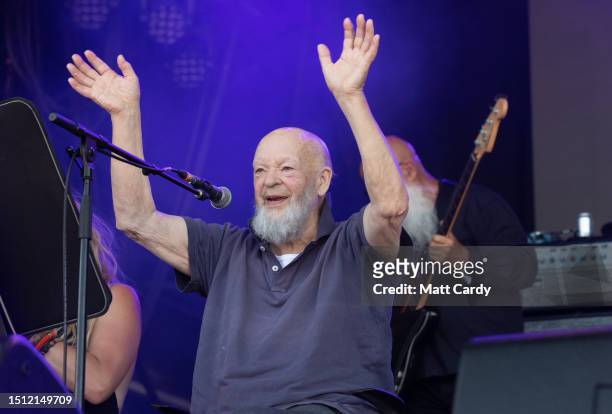 Festival founder Michael Eavis performs with his band on the Park Stage on Day 2 of Glastonbury Festival 2023 held at Worthy Farm, Pilton on June 22,...