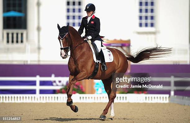 Sophie Wells of Great Britain rides Pinocchio to win Silver during the Equestrian Dressage Individual Freestyle Test - Grade IV on day 6 of the...