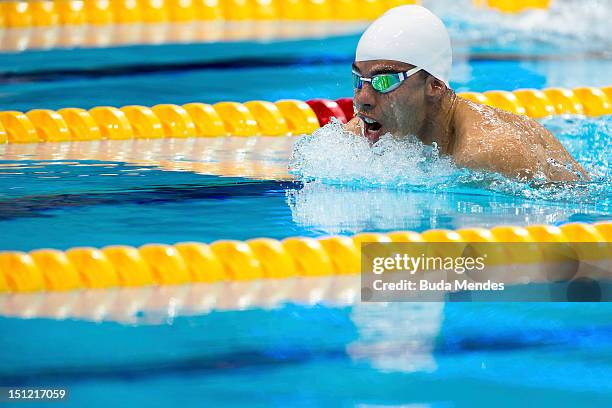 Daniel Dias of Brazil competes in the Men's 100m breaststroke SB4 on day 6 of the London 2012 Paralympic Games at Aquatics Centre on September 04,...