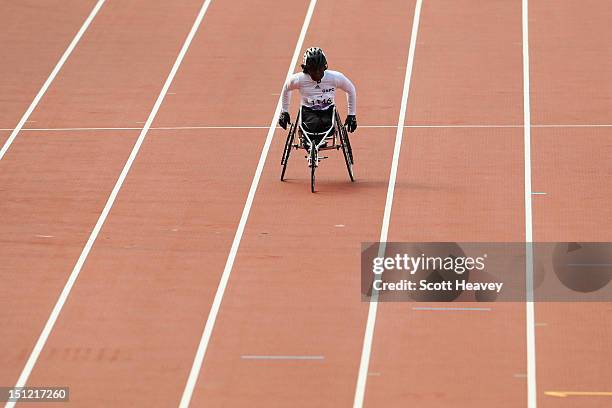 Isatou Nyang of Gambia competes during the Women's 800m - T54 heats on day 6 of the London 2012 Paralympic Games at Olympic Stadium on September 4,...