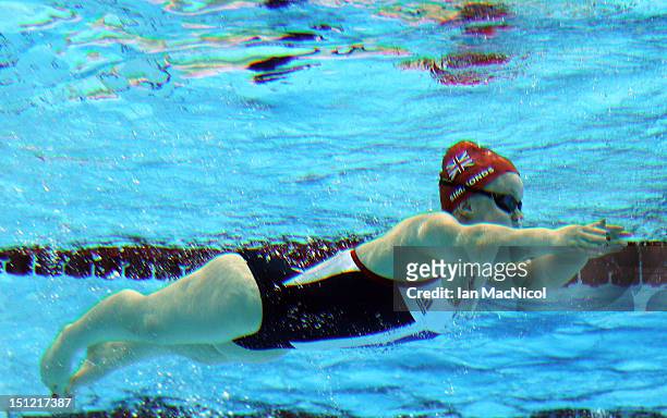 General view through a window on the side of the pool as Paralympic swimmer Eleanor Simmonds of Great Britain takes part in the morning practice...