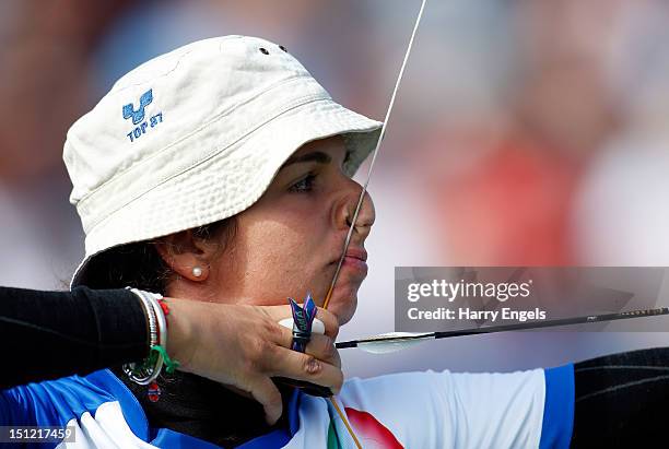 Elisabetta Mijno of Italy competes in the Women's Individual Recurve - W2 class Gold medal match against Zahra Nemati of the Islamic Republic of Iran...