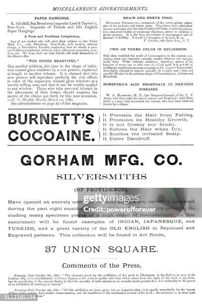victorian advertisements for various items and services - 19th century - cocaine stock illustrations