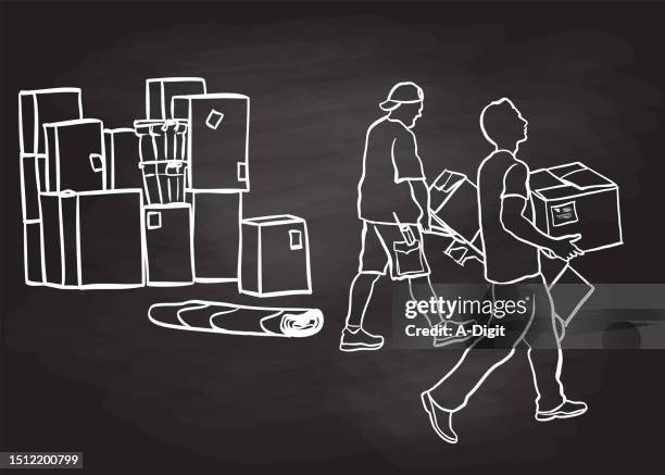 moving boxes and delivery men blackboard - movers carrying boxes stock illustrations