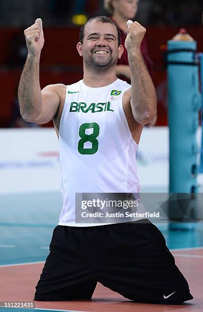 Giovani De Freitas of Brazil celebrates during the Men's Sitting Volleyball preliminary round match between Brazil and China on Day 6 of the London...