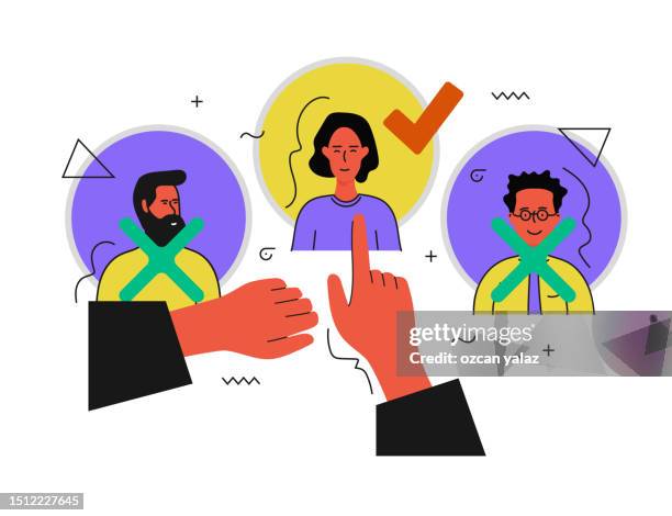 selecting from applicants for recruitment. candidates' education, experience, etc. examine features such as ready-made design from modern colors. lecture by two male characters and a female character. - it skills stock illustrations