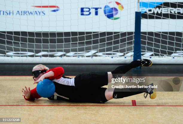 Amy Kneebone of Canada saves a throw during the Women's Team Goalball preliminary round match between United States and Canada on Day 6 of the London...