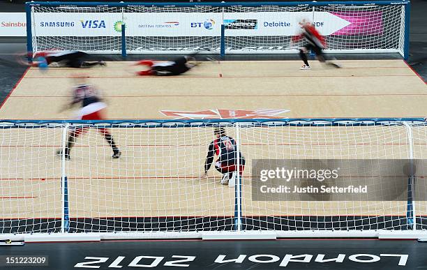 Action during the Women's Team Goalball preliminary round match between United States and Canada on Day 6 of the London 2012 Paralympic Games at the...