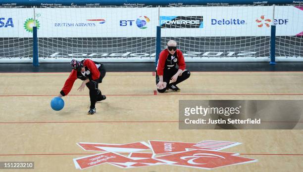 Nancy Morin of Canada throws during the Women's Team Goalball preliminary round match against USA on Day 6 of the London 2012 Paralympic Games at the...