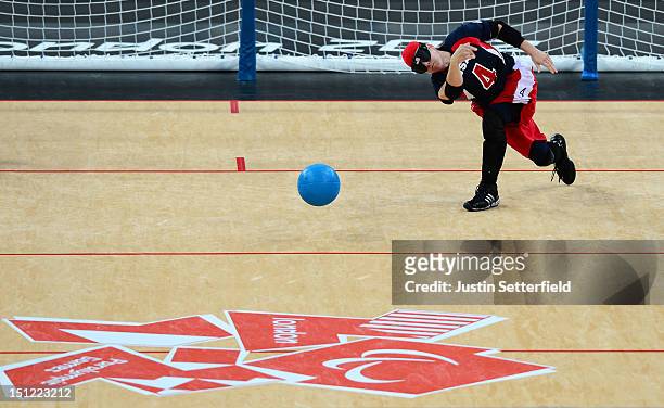 Asya Miller of the United States throws during the Women's Team Goalball preliminary round match against Canada on Day 6 of the London 2012...