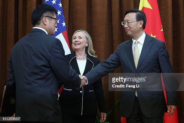 Chinese Foreign Minister Yang Jiechi meets with US Secretary of State Hillary Clinton and U.S. Ambassador to China Gary Locke on September 4, 2012 in...