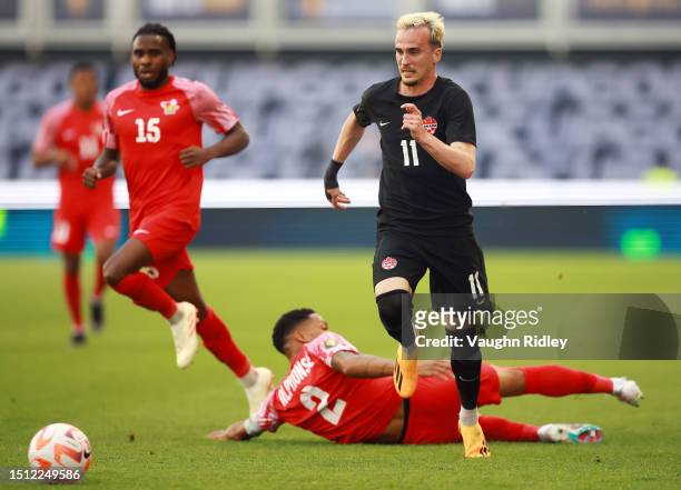 Liam Millar of Canada avoids a tackle by Mickael Alphonse of Guadeloupe during a 2023 Concacaf Gold Cup match at BMO Field on June 27, 2023 in...