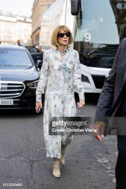 Anna Wintour is seen wearing white dress with print outside Thom Browne during the Haute Couture Fall/Winter 2023/2024 as part of Paris Fashion Week...