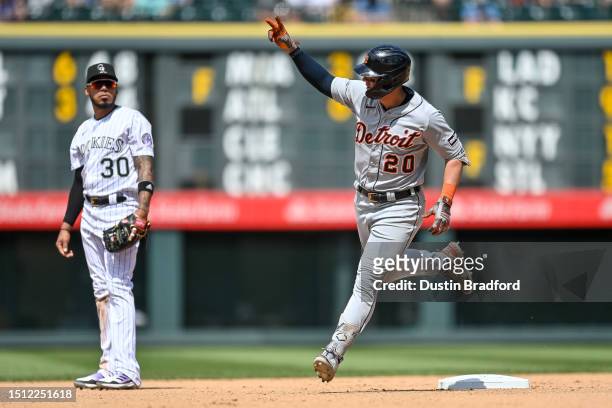 Spencer Torkelson of the Detroit Tigers celebrates as he rounds the beses after hitting a seventh inning two-run homerun in a game against the...