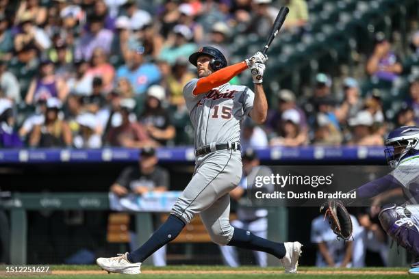 Jake Marisnick of the Detroit Tigers hits an eighth inning grand slam homerun in a game against the Colorado Rockies at Coors Field on July 2, 2023...