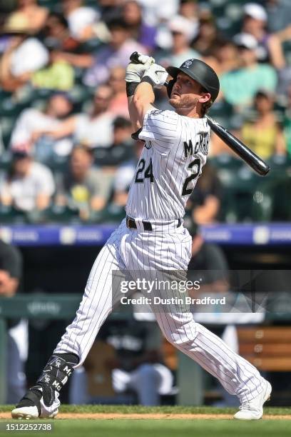 Ryan McMahon of the Colorado Rockies hits an eighth inning two-run homerun in a game against the Detroit Tigers at Coors Field on July 2, 2023 in...