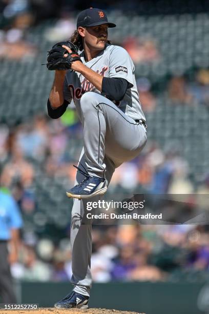 Jason Foley of the Detroit Tigers pitches in the ninth inning of a game against the Colorado Rockies at Coors Field on July 2, 2023 in Denver,...
