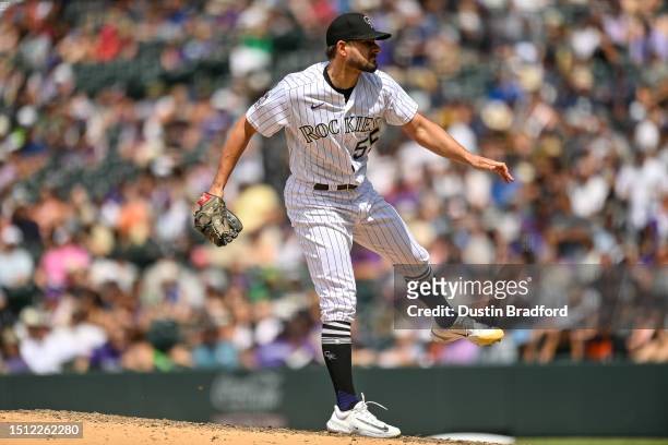 Brad Hand of the Colorado Rockies pitches in the seventh inning of a game against the Detroit Tigers at Coors Field on July 2, 2023 in Denver,...