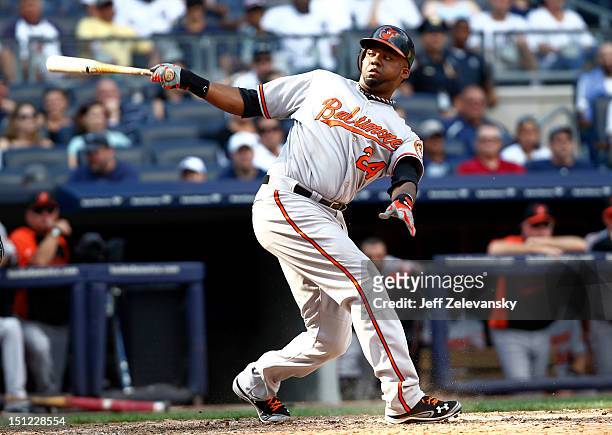 Wilson Betemit of the Baltimore Orioles bats against the New York Yankees during a game at Yankee Stadium on September 1, 2012 in the Bronx borough...