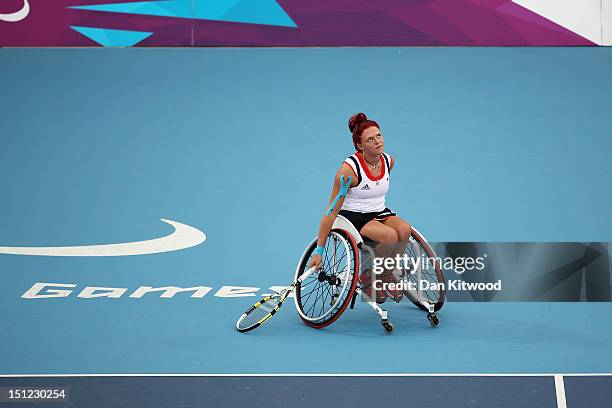 Jordanne Whiley of Great Britain reacts during the Women's Doubles Wheelchair Tennis Quarterfinal match with her team mate Lucy Shuker, against...